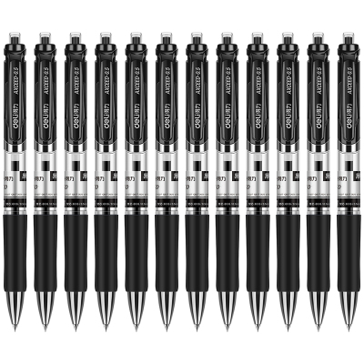 得力(deli）巨能写中性笔学生考试写字专用黑色水笔按动式签字笔会计财务记账笔黑色（12支/盒）