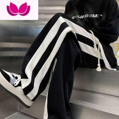 七斓美式条纹夏季休闲裤男高街ins痞帅直筒阔腿裤子运动拖地长裤