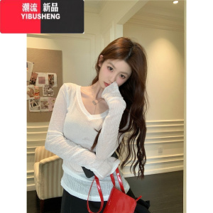 YIBUSHENG辣妹性感薄款微透V领针织T恤女季纯欲长袖防晒罩衫修身显瘦上衣