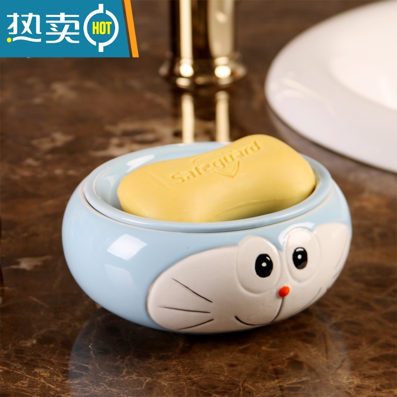 敬平创意卡通陶瓷沥水分离香皂盒卫生间家用免打孔洗衣肥皂盒皂托皂碟 惹人喜爱沥水(接水盒不脏台面)
