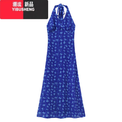 YIBUSHENG露背碎花挂脖连衣裙女季新款法式气质收腰显瘦小众长裙子潮chic
