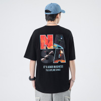 男装潮牌夏季重磅短袖T恤韩版NASA字母烫画纯棉男士五分袖打底衫