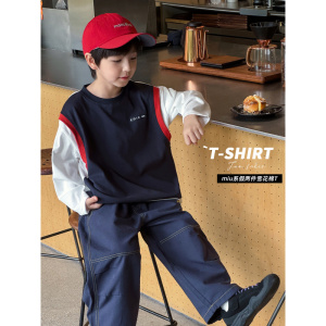 童酷男童秋款洋气假两件宝宝上衣字母贴标拼色圆领儿童T恤潮