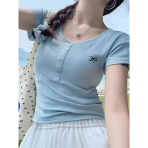 2025夏季辣妹纯欲蝴蝶结刺绣V领短袖T恤女修身显瘦百搭学生上衣潮