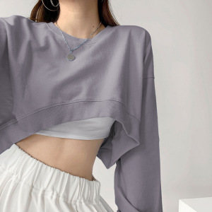 八色可选 秋装性感宽松卫衣女短款上衣纯色长袖T恤女休闲女装