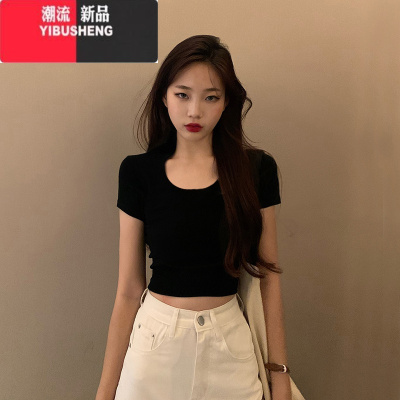 YIBUSHENG黑色短款t恤女短袖紧身2024年新款高腰露脐甜辣上衣季