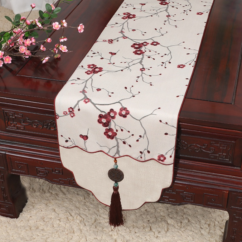 美帮汇新中式古典玉桌旗茶几长条布艺中国风桌布床柜旗电视柜盖布 万福梅花红白 34*150适合桌长90-100CM