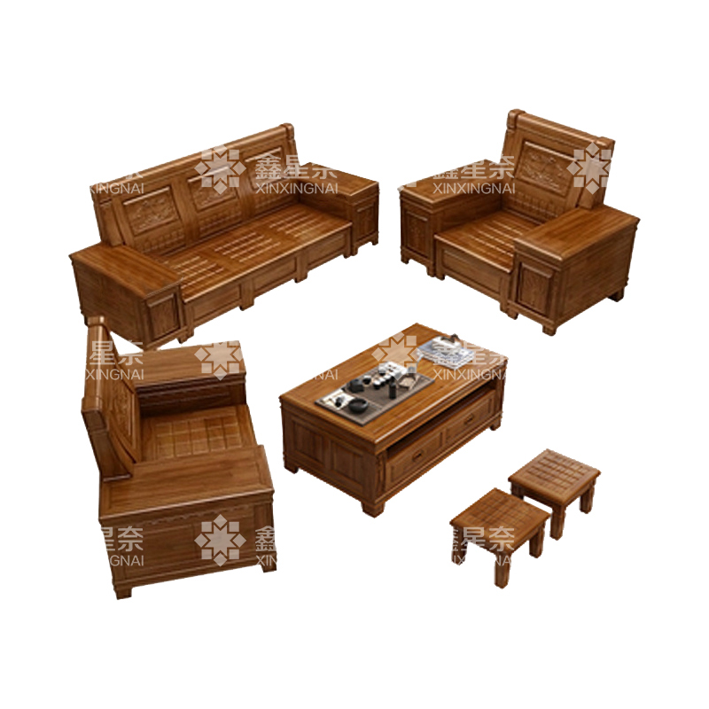 鑫星奈XXN4022941香樟木实木沙发组合新中式冬夏两用沙发 1+1+3+茶几+凳子组合