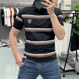 男士polo衫短袖男蜜蜂刺绣夏季新款T恤简约翻领条纹棉T恤