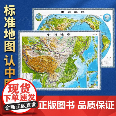 [央视网]中国地图世界地图两张 3D地图立体地形套装 中号60x43cm 精美边框 立体精雕 书房客厅教室墙贴 学生用