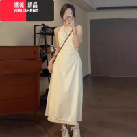 YIBUSHENG挂脖吊带无袖设计连衣裙子女2024新款露背海边度假沙滩长裙气质