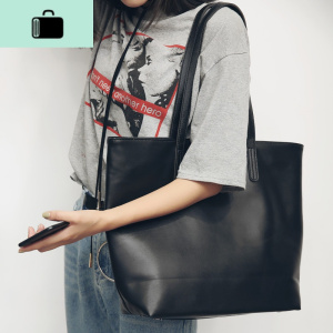 原创文艺新款皮包简约百搭学院风单肩大包休闲包购物袋潮流大包包NEW LAKE 黑色送小包女士单肩包 黑色送小包