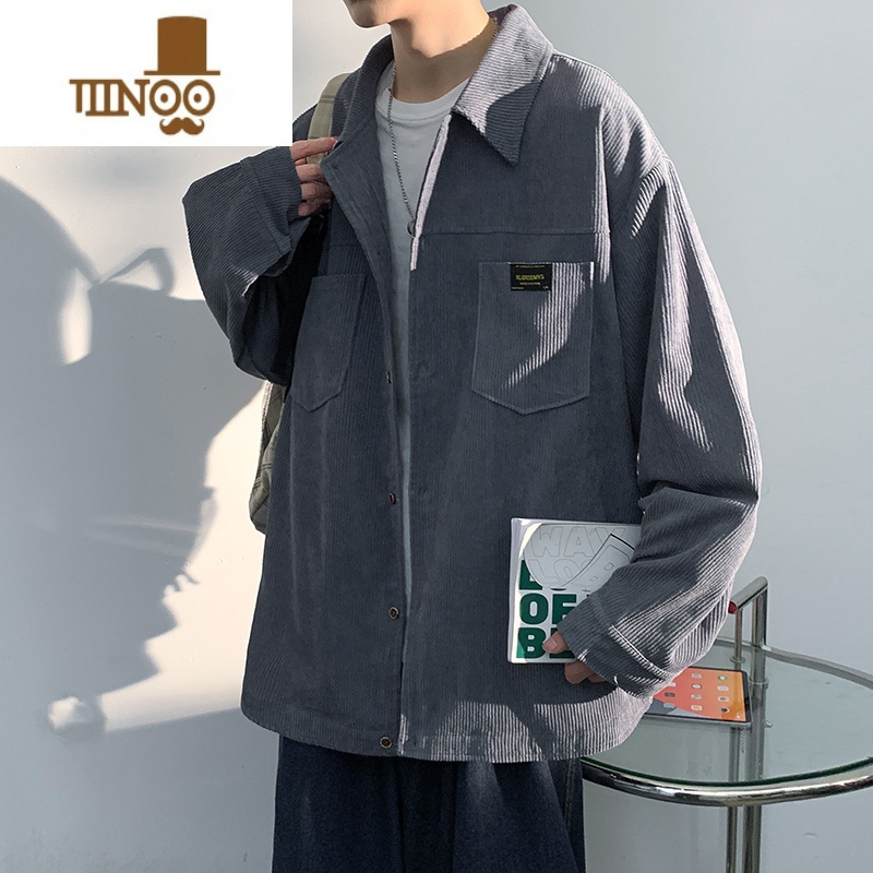 YANXU日系黑色灯芯绒衬衫男长袖宽松潮牌加肥大码胖子休闲薄外套