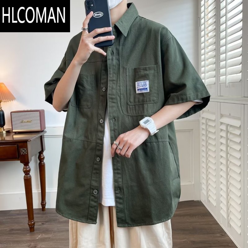 HLCOMAN复古工装大码胖子短袖300斤衬衫男薄款宽松半袖肥佬衬衣外套