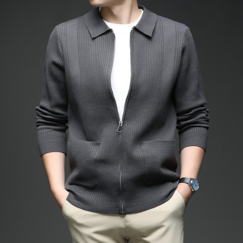 秋冬新款拉链翻领开衫上衣中青年男装针织衫口袋毛衣宽松休闲外套
