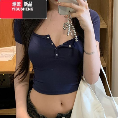 YIBUSHENG欧美性感辣妹紧身针织短袖t恤女季新款高腰露脐纯色短款上衣ins