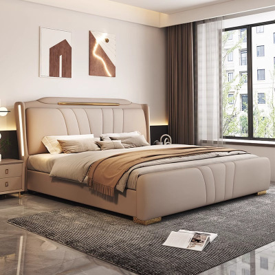 意式真皮床轻奢现代简约双人床主卧室多功能储物床家用软包大婚床