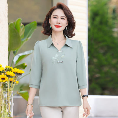 新款衬衫领妈妈装中老年女装夏装衣服七分袖女士休闲服装40岁中年