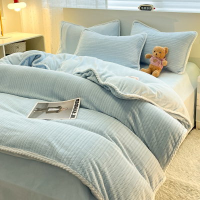 A类加厚提花牛奶绒纯色四件套冬季双面加绒单被套被罩床单三件套1