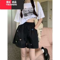 YIBUSHENG刺绣彩色蝴蝶结休闲裤女季2024新款运动风松紧腰显瘦阔腿短裤潮