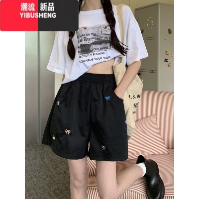 YIBUSHENG刺绣彩色蝴蝶结休闲裤女季2024新款运动风松紧腰显瘦阔腿短裤潮