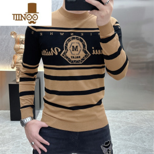 YANXU2023秋季新款潮牌字母提花烫钻修身帅气圆领毛衣百搭长袖针织衫男