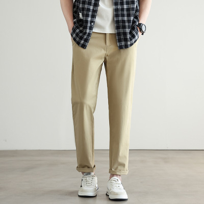 高端垂感直筒宽松九分裤春夏男士休闲裤纯色青年男装9分随性裤子