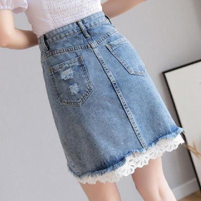 蕾丝边牛仔短裙女夏新款韩版高腰a字裙包臀裙ins超火半身裙莎丞