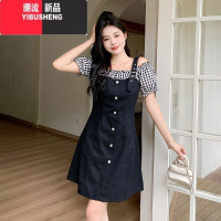 YIBUSHENG大码短袖连衣裙女季格子拼接假两件短裙微胖MM复古收腰气质裙子