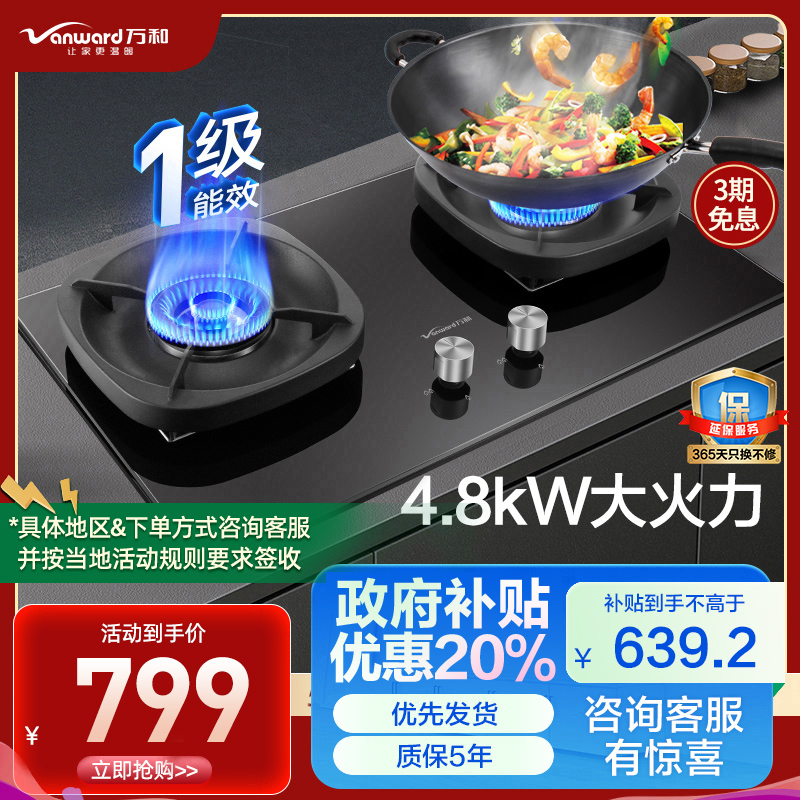 万和(Vanward) 超一级能效 液化气双灶 双眼燃气灶 单灶具 4.8KW火力钢化玻璃 可调底座G6L50