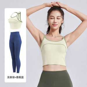 撞色线感运动套装一体杯美背防震运动瑜伽套装女