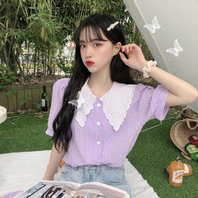 夏季2021新款法式复古娃娃领紫色衬衫女设计感小众洋气泡泡袖上衣约龙