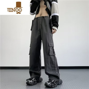 YANXU深灰色美式街头工装裤2023新款机能风高腰直筒速干阔腿休闲裤男装