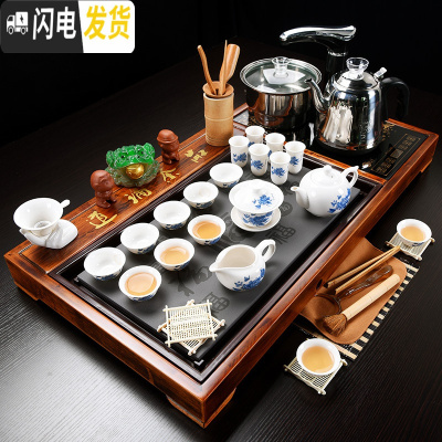 三维工匠紫砂茶具套装家用简约整套功夫陶瓷茶具全自动电磁炉实木茶盘茶台 19柴烧品茶论道青花(桶茶叶) 40件