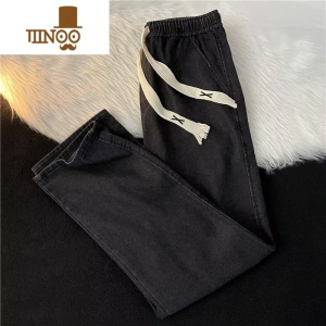 YANXU宽松直筒牛仔裤男秋季编织抽绳设计九分休闲裤男韩版ins潮流简约