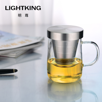 KAMJOVE/金灶明尊 玻璃茶杯办公室个人杯高硼硅玻璃杯带把手花茶杯食品级304不锈钢过滤耐热泡茶杯家用水杯茶具养生杯