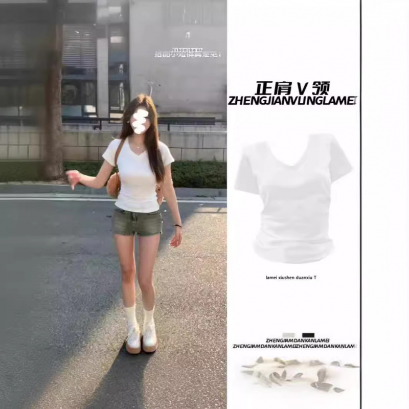 美式V领正肩纯欲黑色短袖T恤女夏季新款修身辣妹小众显瘦百搭上衣