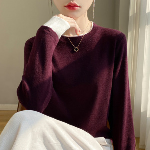 拼色假两件针织衫春款洋气设计感简约显瘦长袖T恤女士圆领毛衣