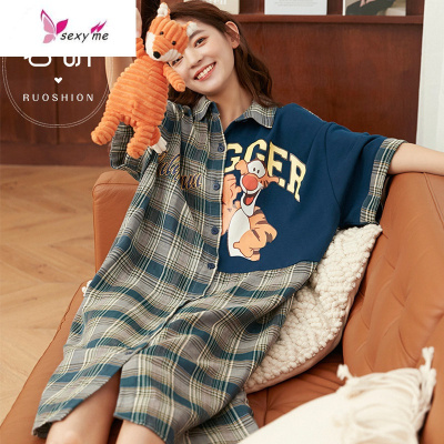 格子睡裙女夏季棉短袖可爱甜美时尚薄款睡衣清新家居服长款FISHBASKET