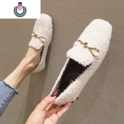 FISHBASKET欧美风2020新款女鞋大码方头绒面加绒保暖平跟平底毛毛单鞋休闲鞋