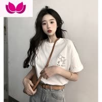 七斓小熊T恤女夏季2022新款复古日系刺绣宽松白色圆领短袖上衣ins