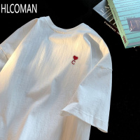 HLCOMAN刺绣短袖T恤男美式潮牌ins宽松体恤情侣爱心绣花夏季上衣