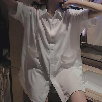 SUNTEK韩版睡裙女夏季雪纺性感中长款男友风白衬衫情调衣人宽松大码睡衣