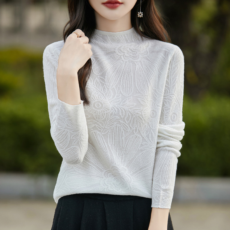 24秋季新款女士羊毛针织衫毛衣女半高领打底衫女花韩版