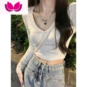 七斓v领打底衫2023春季新款内搭短款上衣设计感小众长袖修身正肩t恤女