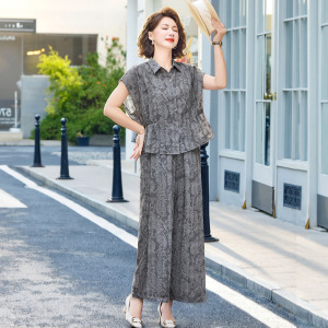 40岁休闲套装妈妈装夏季衬衫领女装中老年人洋气两件套夏款衣服薄