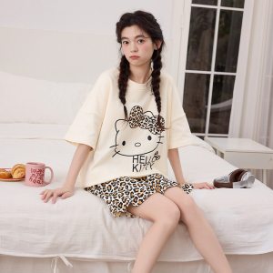春夏季女士卡通仿棉韩版睡衣可爱休闲短袖短裤可外穿家居服套装