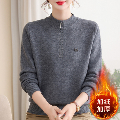 新款冬季妈妈上衣女洋气中老年人保暖冬装小衫针织衫加绒款毛线衫