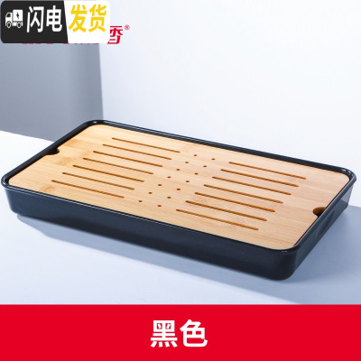 三维工匠加厚酒店托盘家用茶盘长方形糕点盘客厅水果盘收纳盘接水盘 F8043黑色茶具