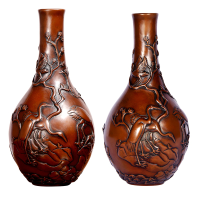 宏图好运紫铜花瓶摆件仙鹤梅花家居客厅玄关佛堂摆设中式铜器工艺礼品